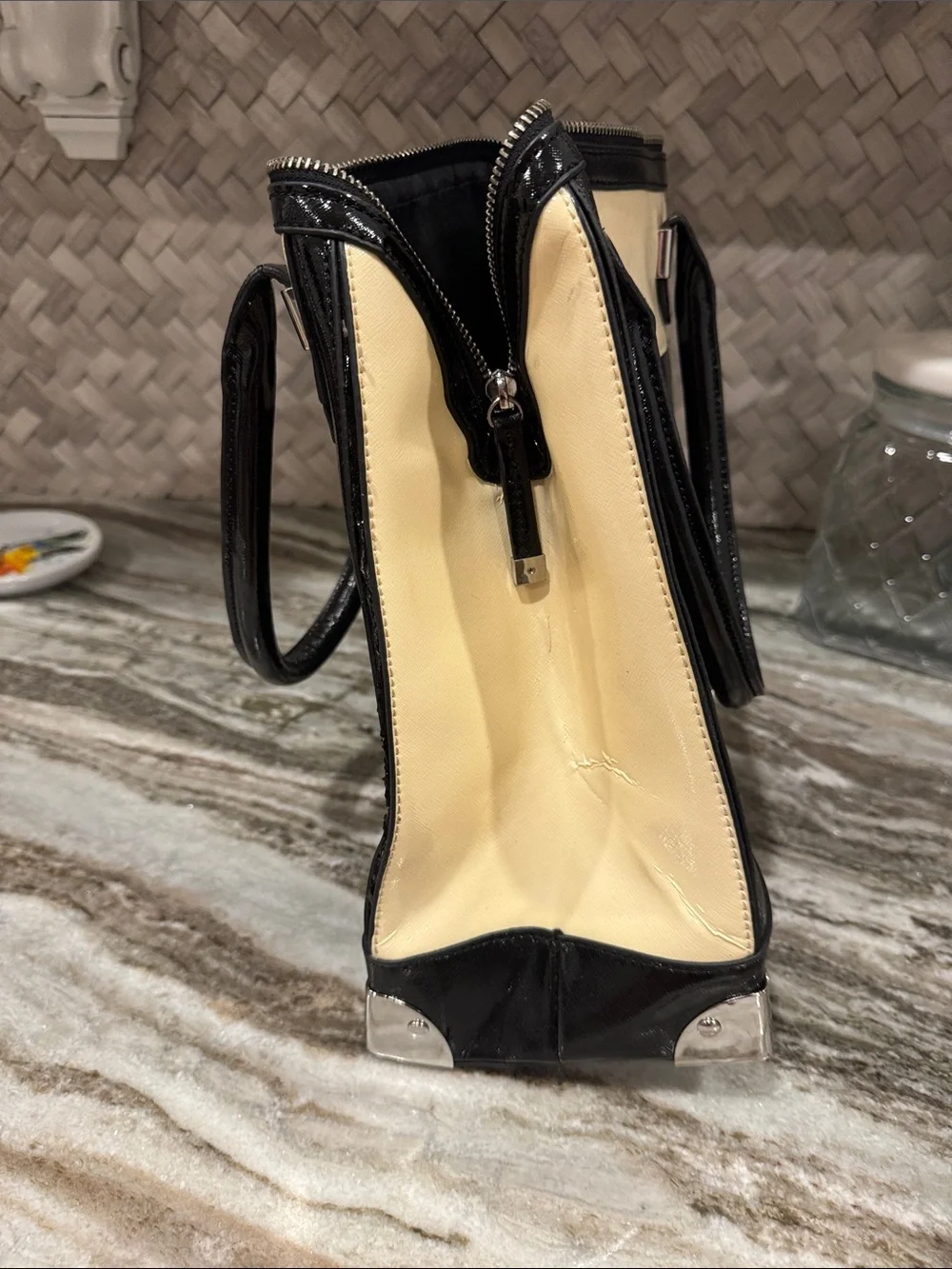 Patent Black and Cream Satchel with Silver Accents